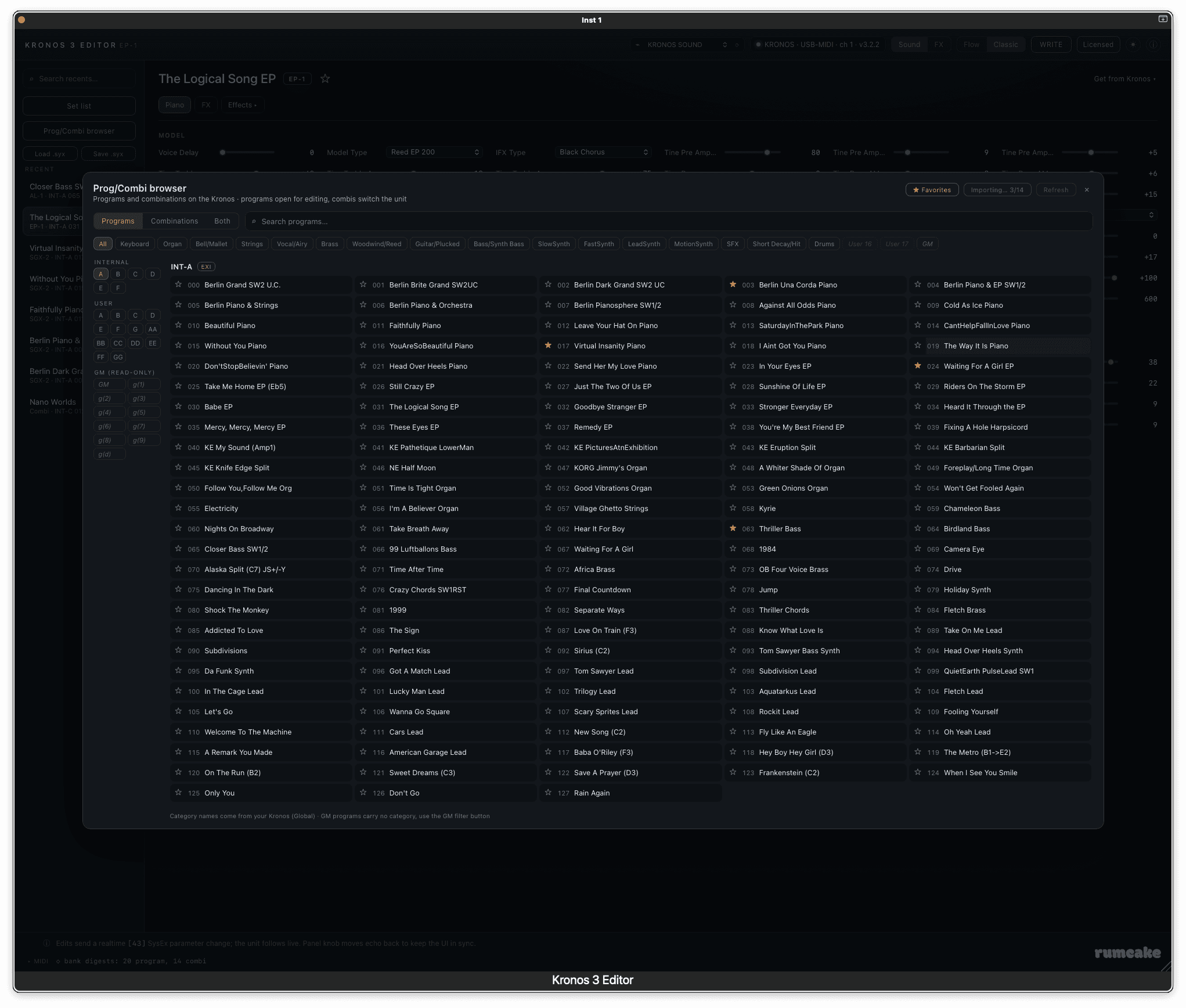 Kronos 3 Editor Prog/Combi browser widened to fill the window, showing all 128 slots of the INT-A program bank in a five-column grid with no scrolling, the bank rail and category filters down the side