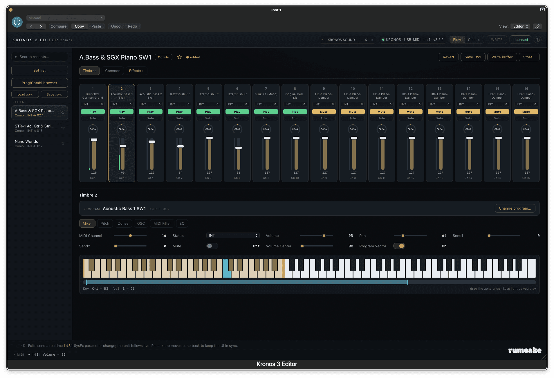Kronos 3 Editor combination editor: a 16-channel mixer with a strip per timbre (program name, INT status, Play/Mute, Solo, pan, volume fader), the selected timbre's Mixer detail panel below, and an 88-note keyboard showing the timbre's highlighted key and velocity zone