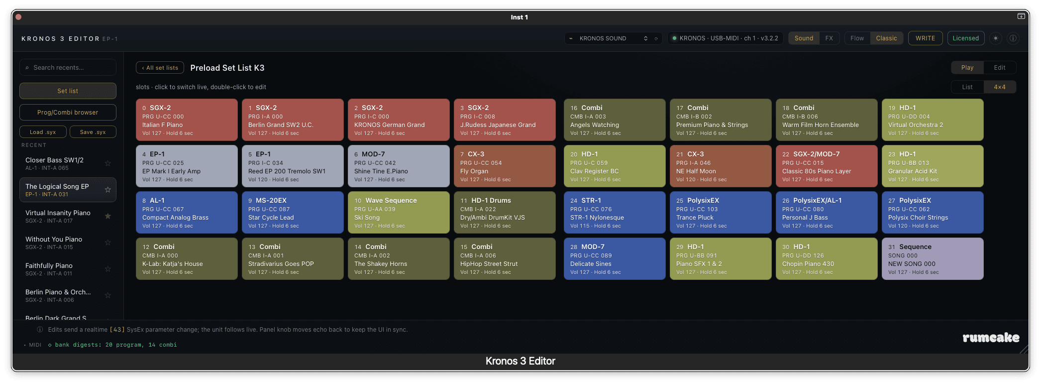 Kronos 3 Editor set-list view in 4x4 mode: two blocks of sixteen colour-coded slots laid side by side, matching the paged 4x4 grid on the Kronos, with the List / 4x4 switch top right