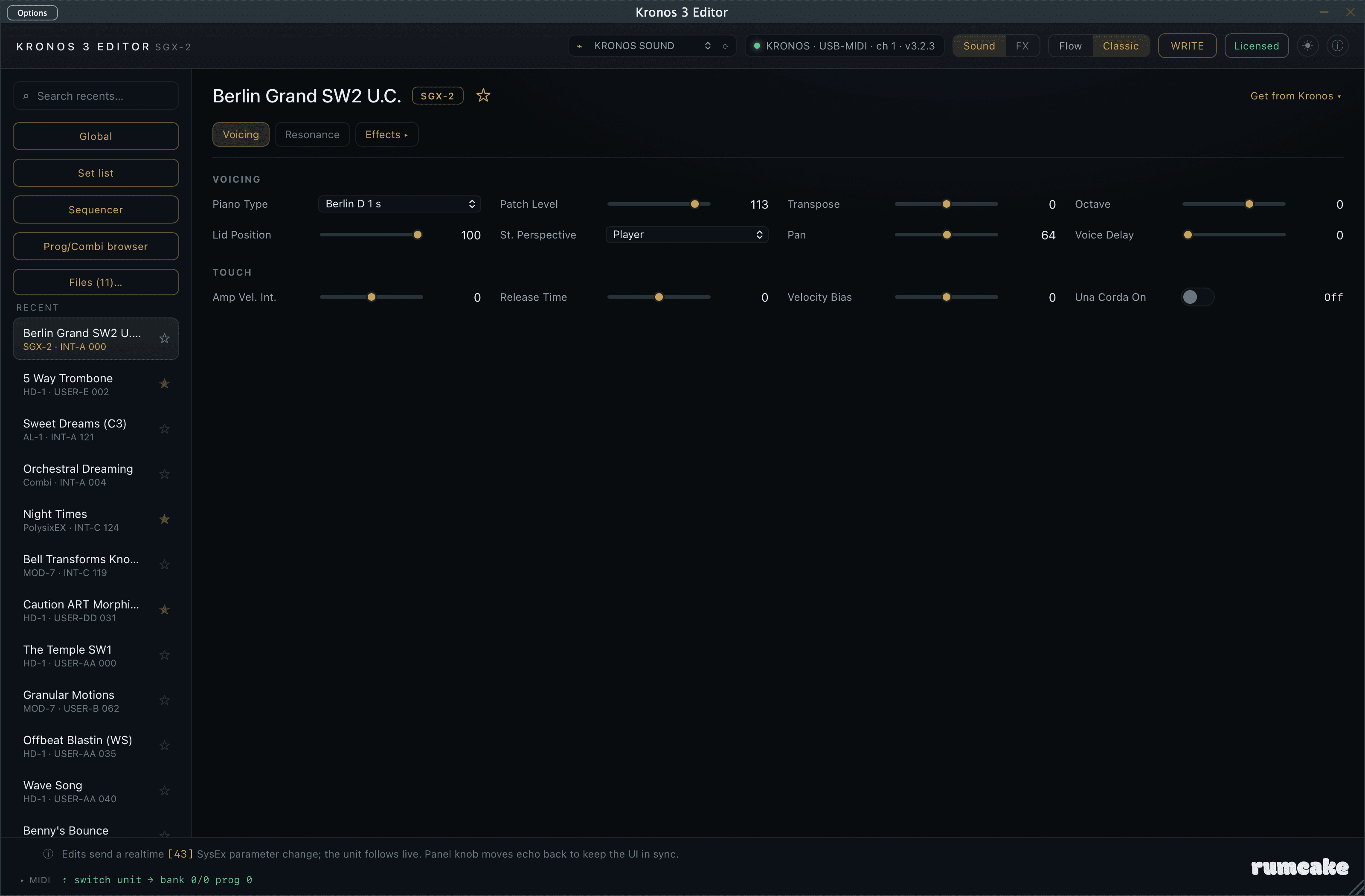 Kronos 3 Editor Classic view: the SGX-2 grand piano voicing and touch controls