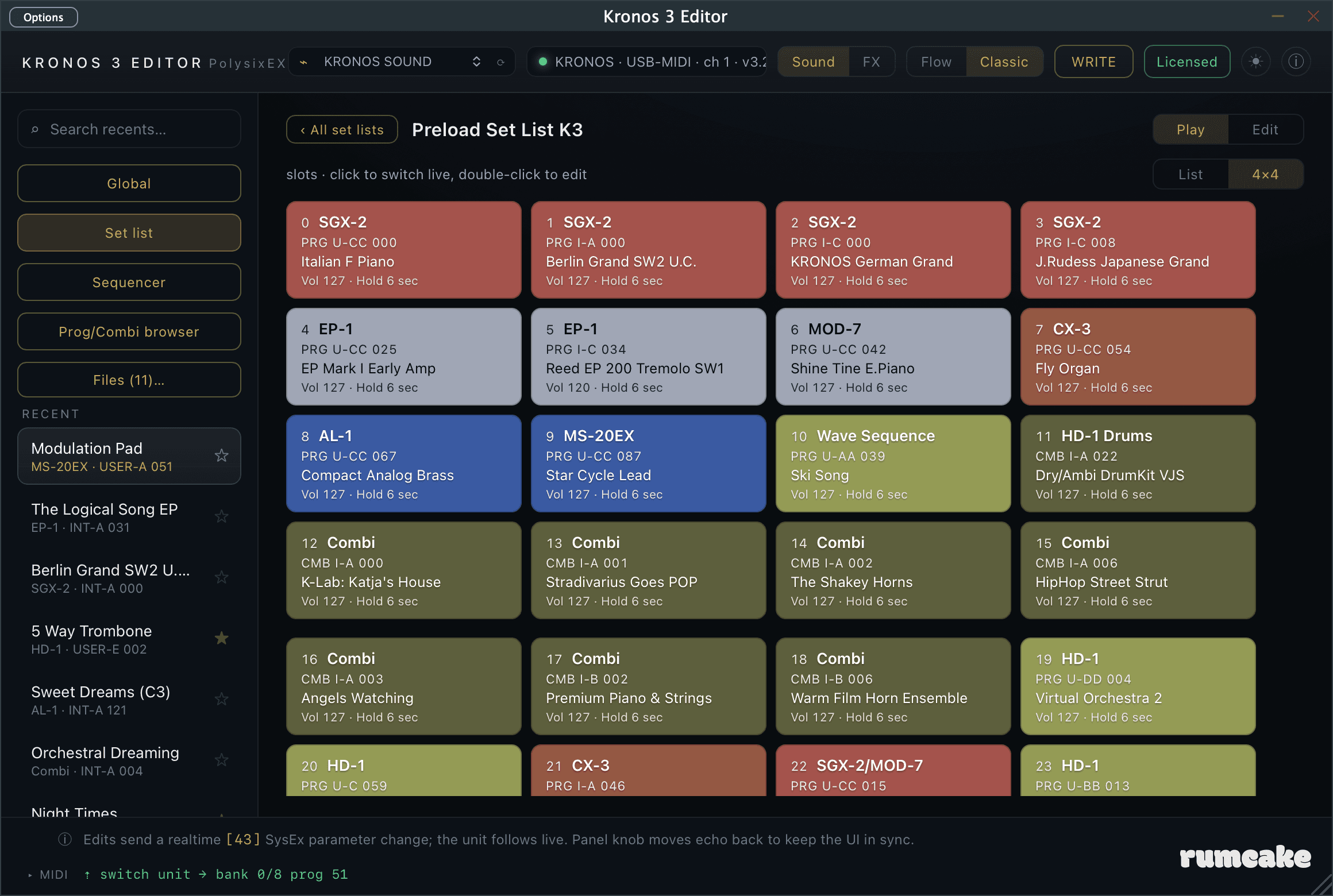 Kronos 3 Editor set-list view in 4x4 mode: colour-coded slots in fixed blocks of sixteen, four across, matching the paged 4x4 grid on the Kronos, with the List / 4x4 switch top right