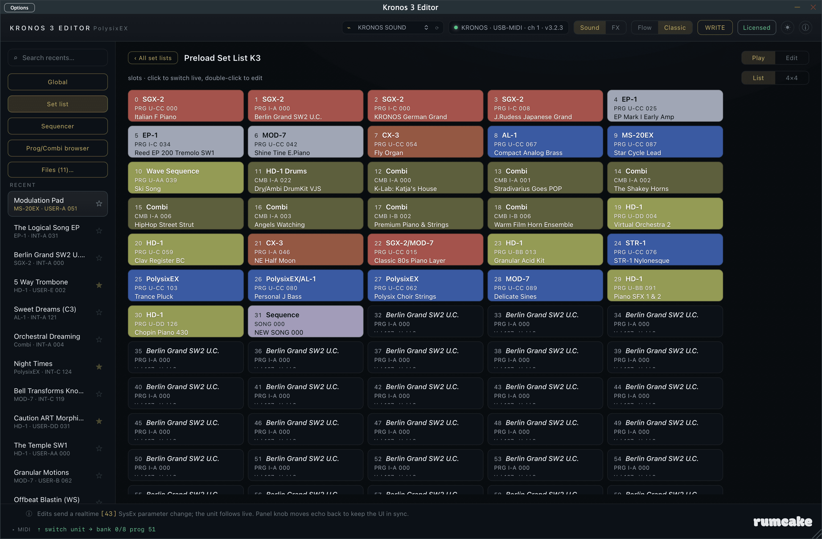 Kronos 3 Editor Set Lists in a resized wider window, showing many set-list slots as colour-coded cards you click to switch the Kronos live